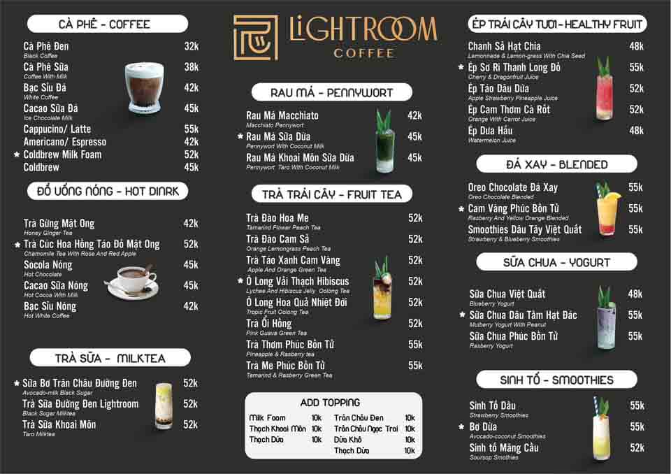 menu tại quán Lighttroom Cafe