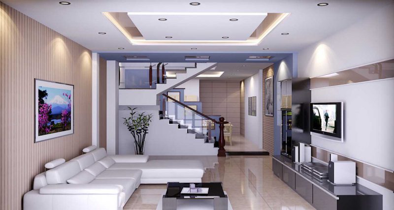 Phòng khách ống với tường sọc