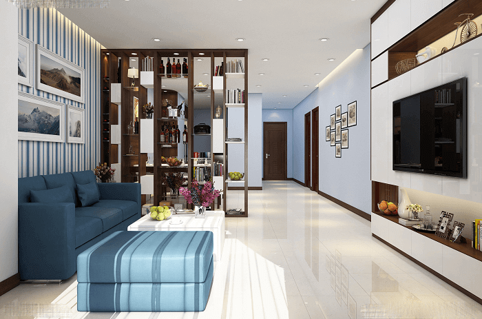 phòng khách đẹp nhà ống 4m hệ tủ trang trí đơn giản