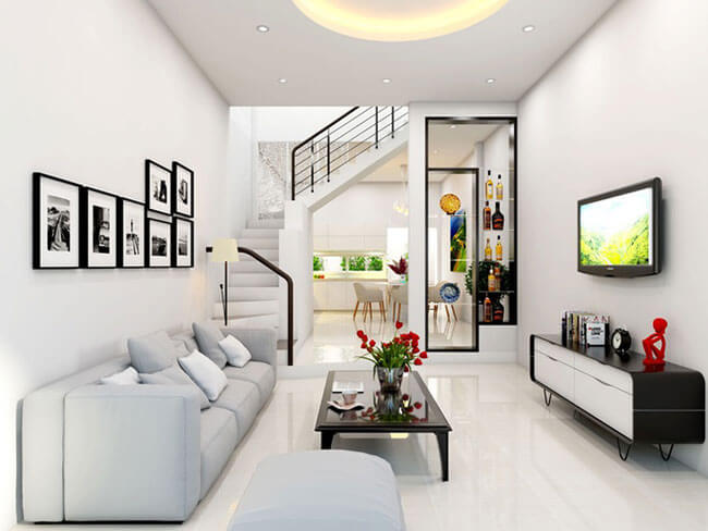 mẫu thiết kế phòng khách đẹp có cầu thang Cầu thang trắng kết hợp với sofa