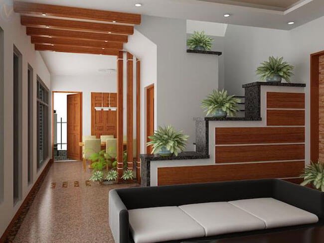 mẫu thiết kế phòng khách đẹp có cầu thang Sử dụng cầu thang tam cấp