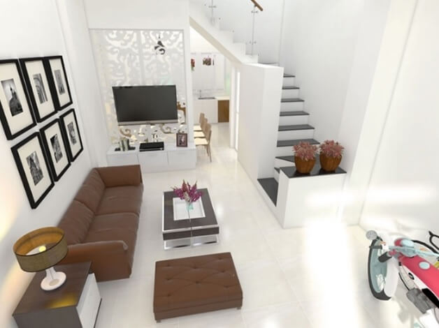 Trang trí phòng khách liền bếp Phòng khách chủ đạo với tone trắng