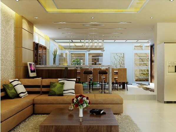 Trang trí phòng khách liền bếp Quầy bar hiện đại ngăn cách không gian liên thông