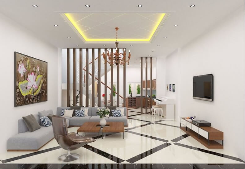 Mẫu thiết kế phòng khách nhà ống Các thanh gỗ chắn được làm từ gỗ tự nhiên
