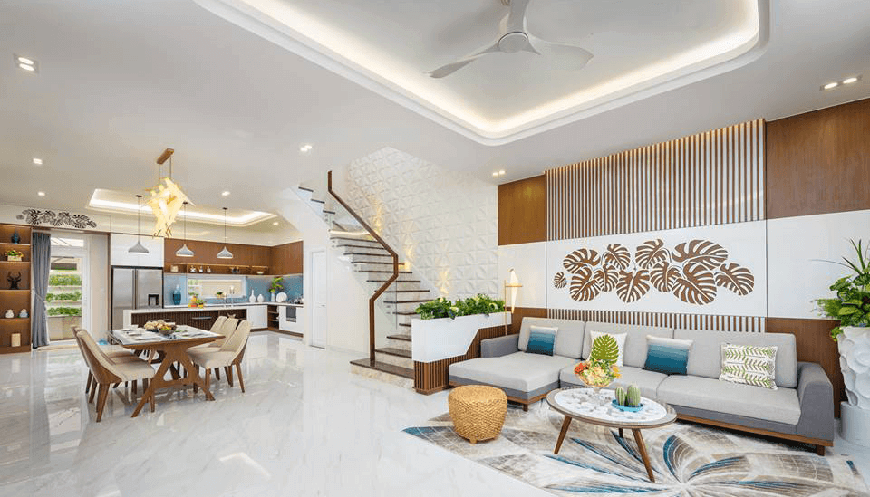 mẫu thiết kế phòng khách đẹp có cầu thang không gian rộng rãi