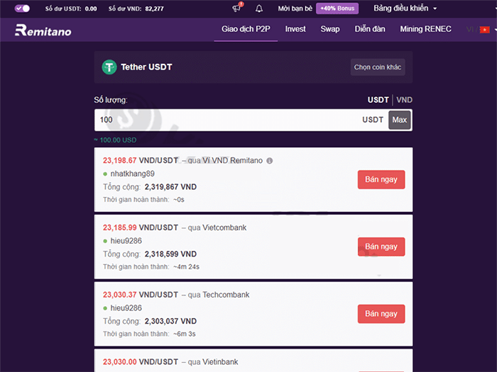 chuyển tiền từ ví Binance sang ví Remitano