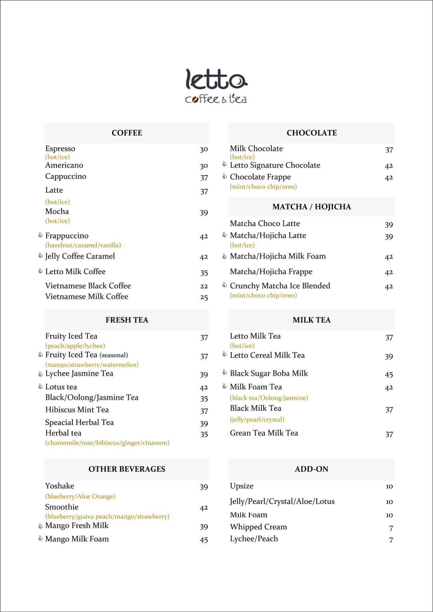 menu tại quán Letto