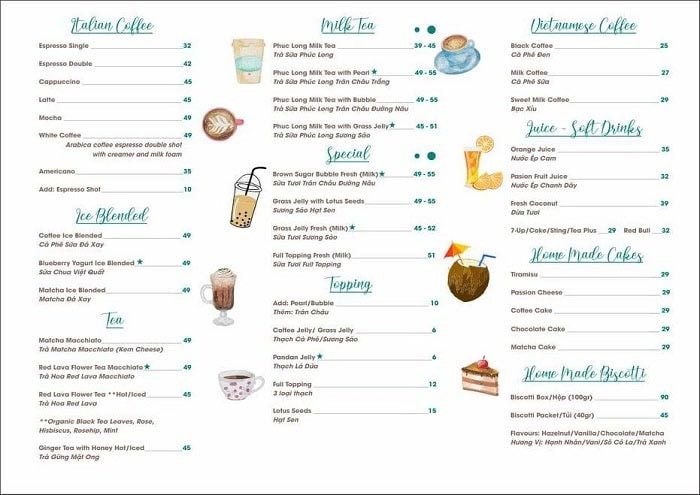Menu tại quán Soho Cafe